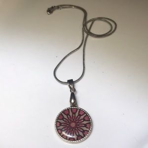 HandmadeSilver & Pink medallion/mandala boho/ hippie pendant/charm necklace.